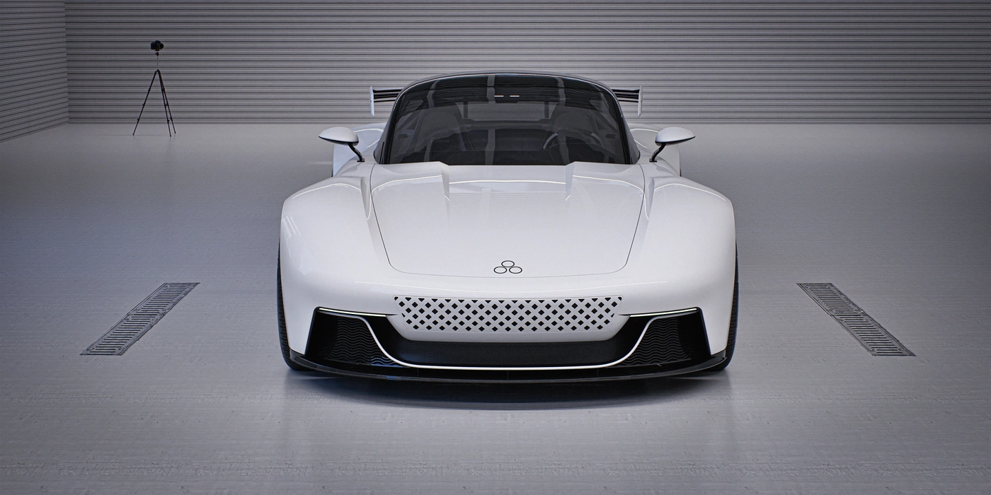 Rendered white concept car in photography studio.