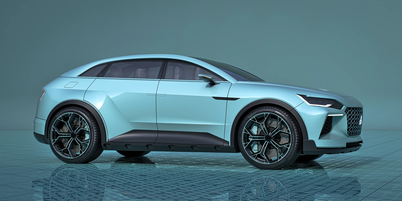 Rendered concept car blue SUV on reflective surface.