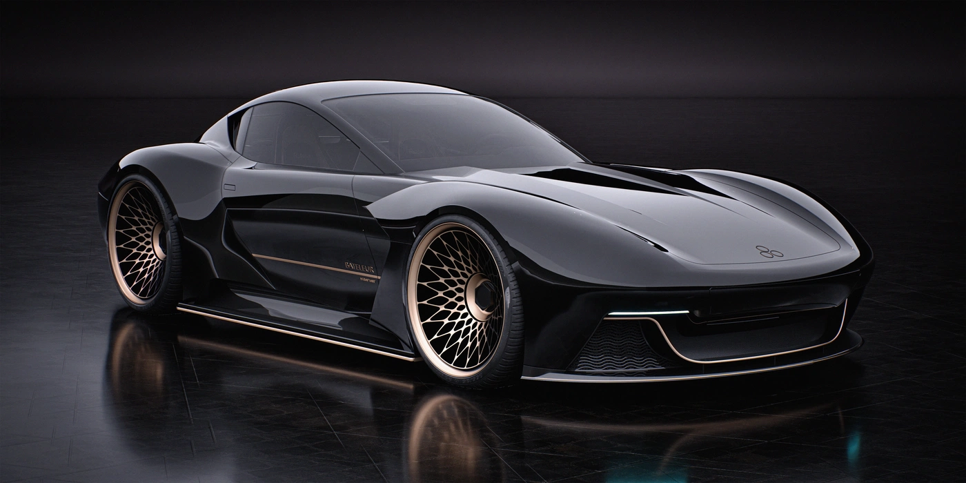 Rendered sleek black concept car featuring spiderweb design hubcaps.