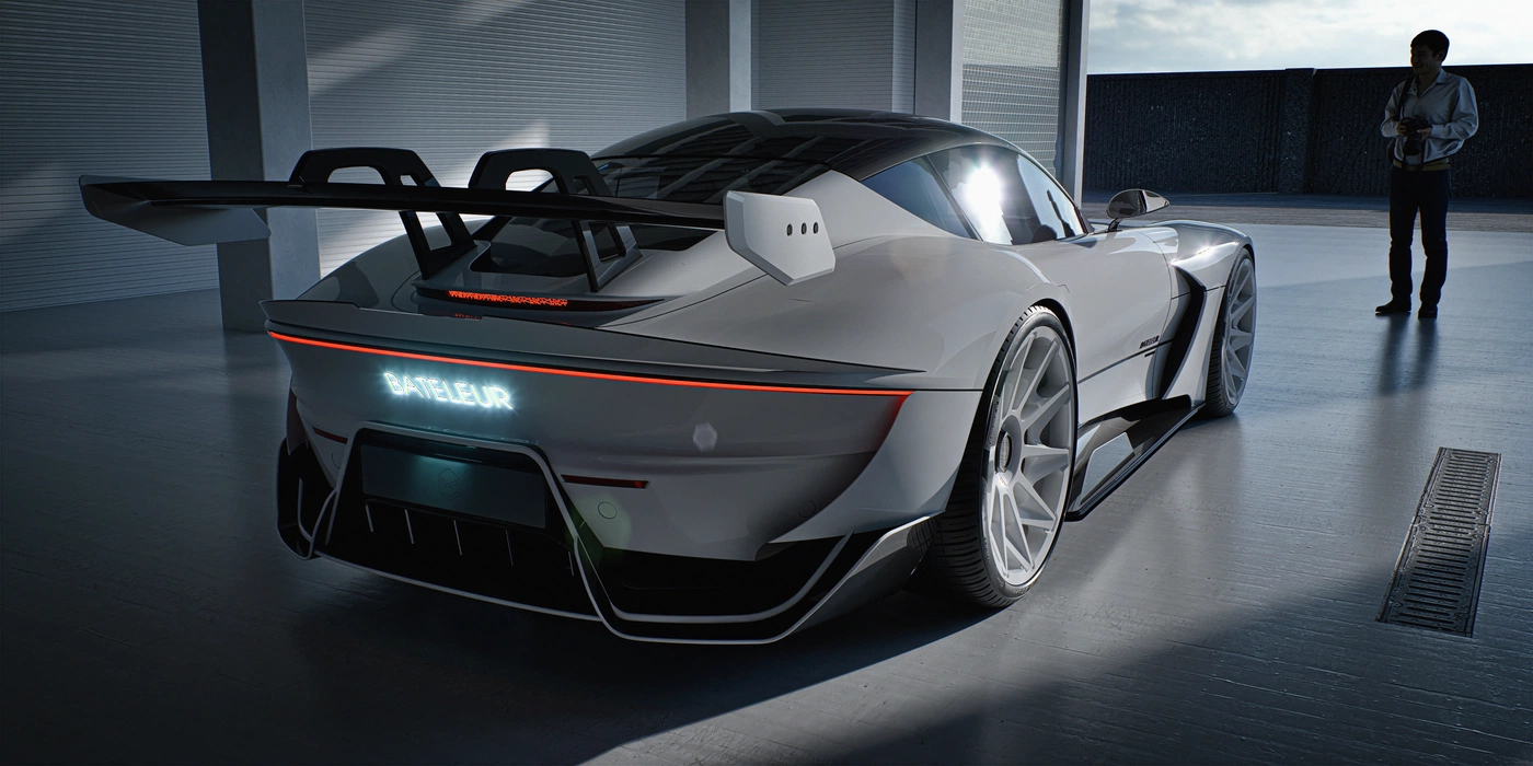 Rendered silver Bateleur concept car in garage, with a man standing nearby.