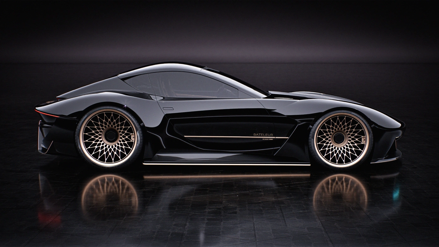 Rendering of sleek black concept car featuring spiderweb design hubcaps.