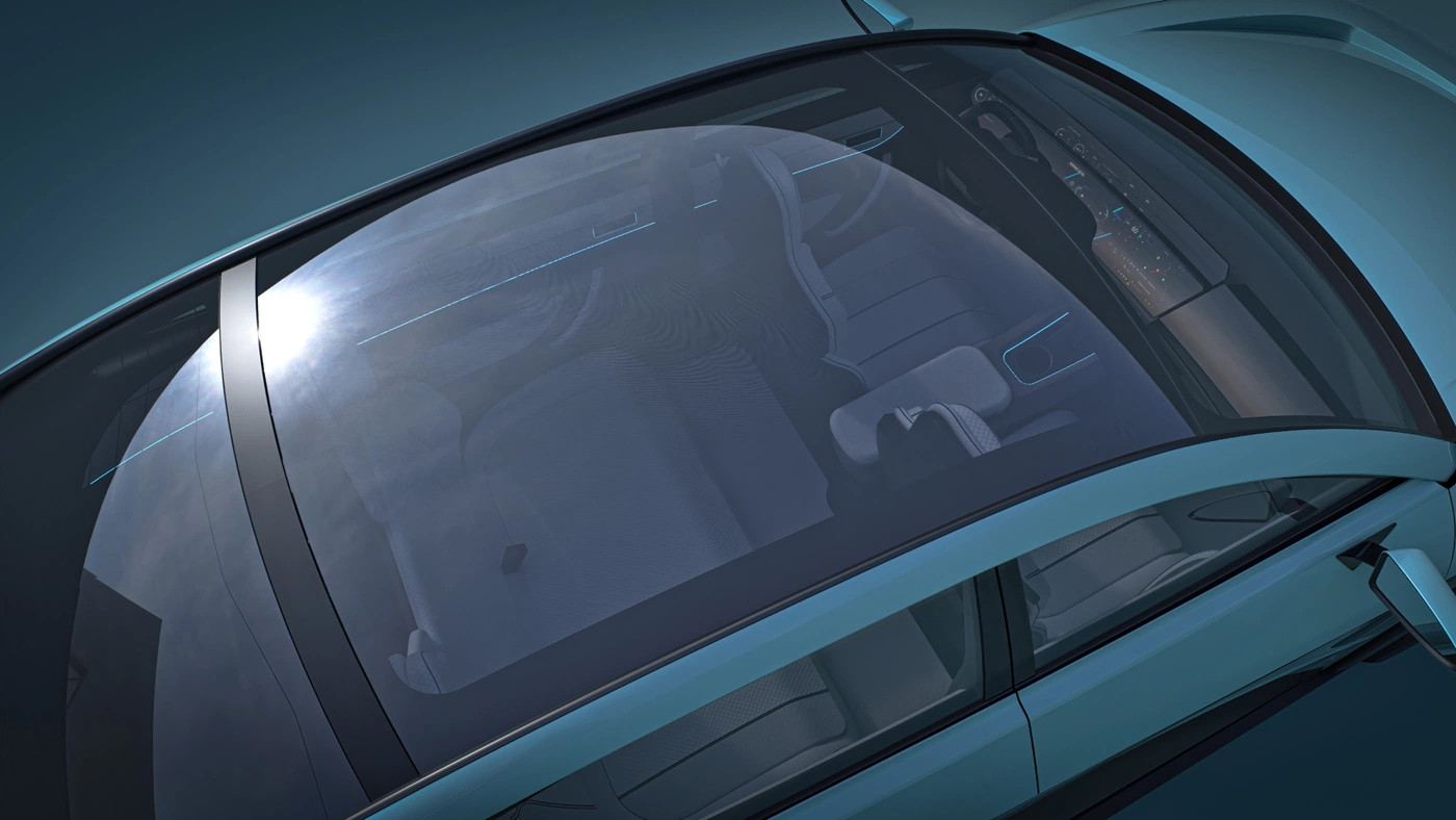 Overhead shot of rendered concept car with panoramic sunroof.