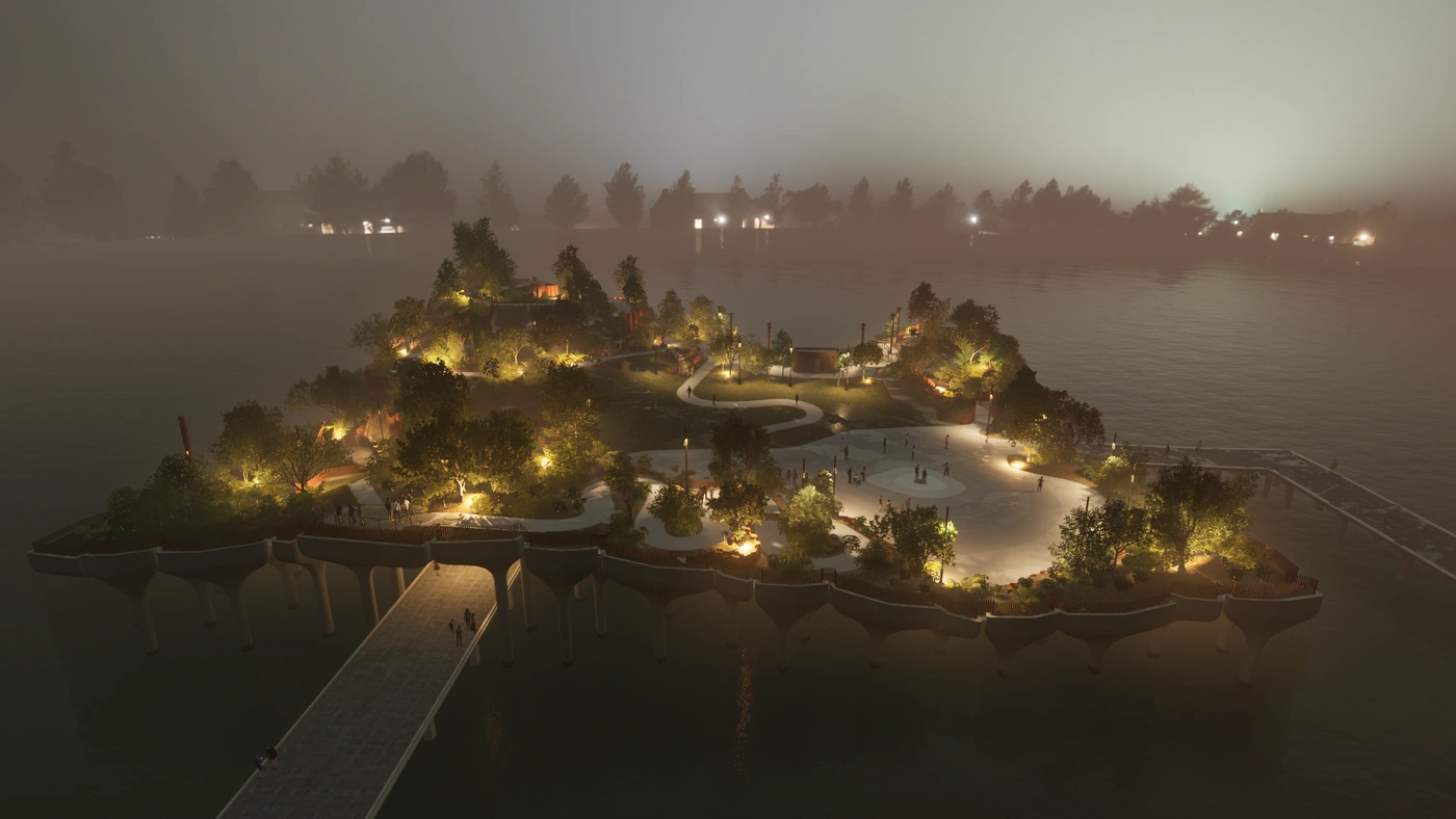 Little Island NYC with atmospheric lighting.