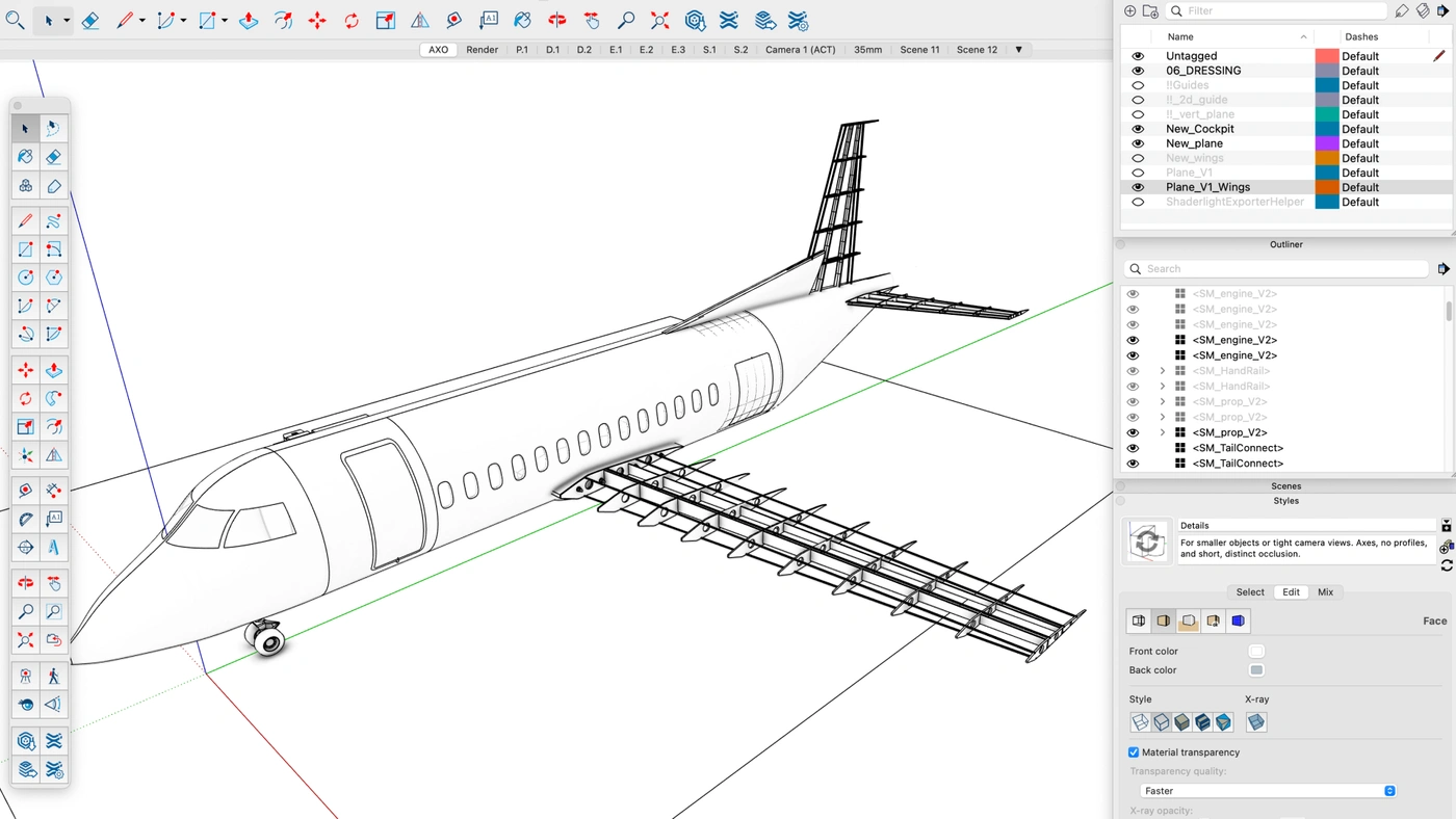 Wing detail drawing in SketchUp.