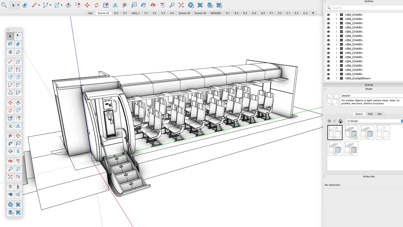 Aeroplane cabin detail drawing in SketchUp.