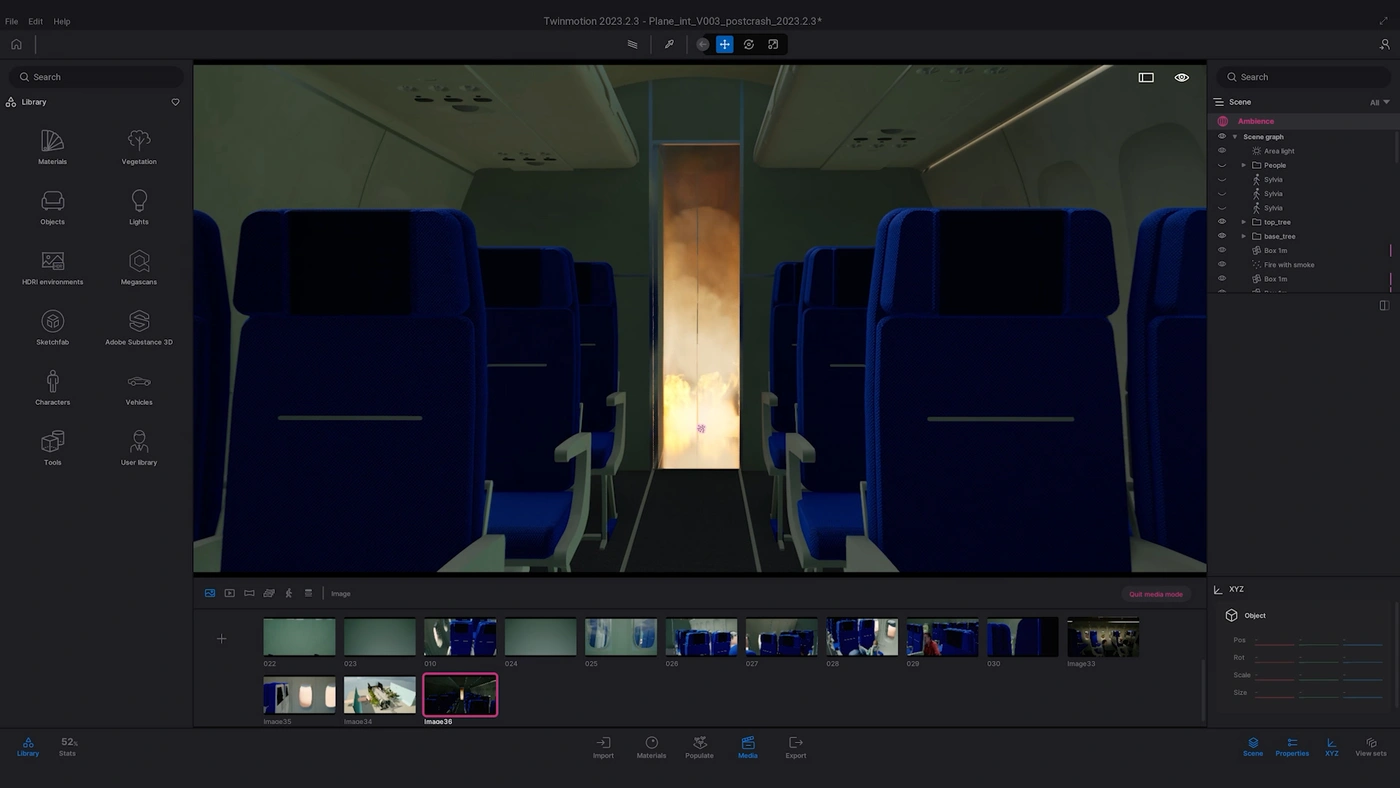 CG shot of aeroplane cabin on fire in Twinmotion.