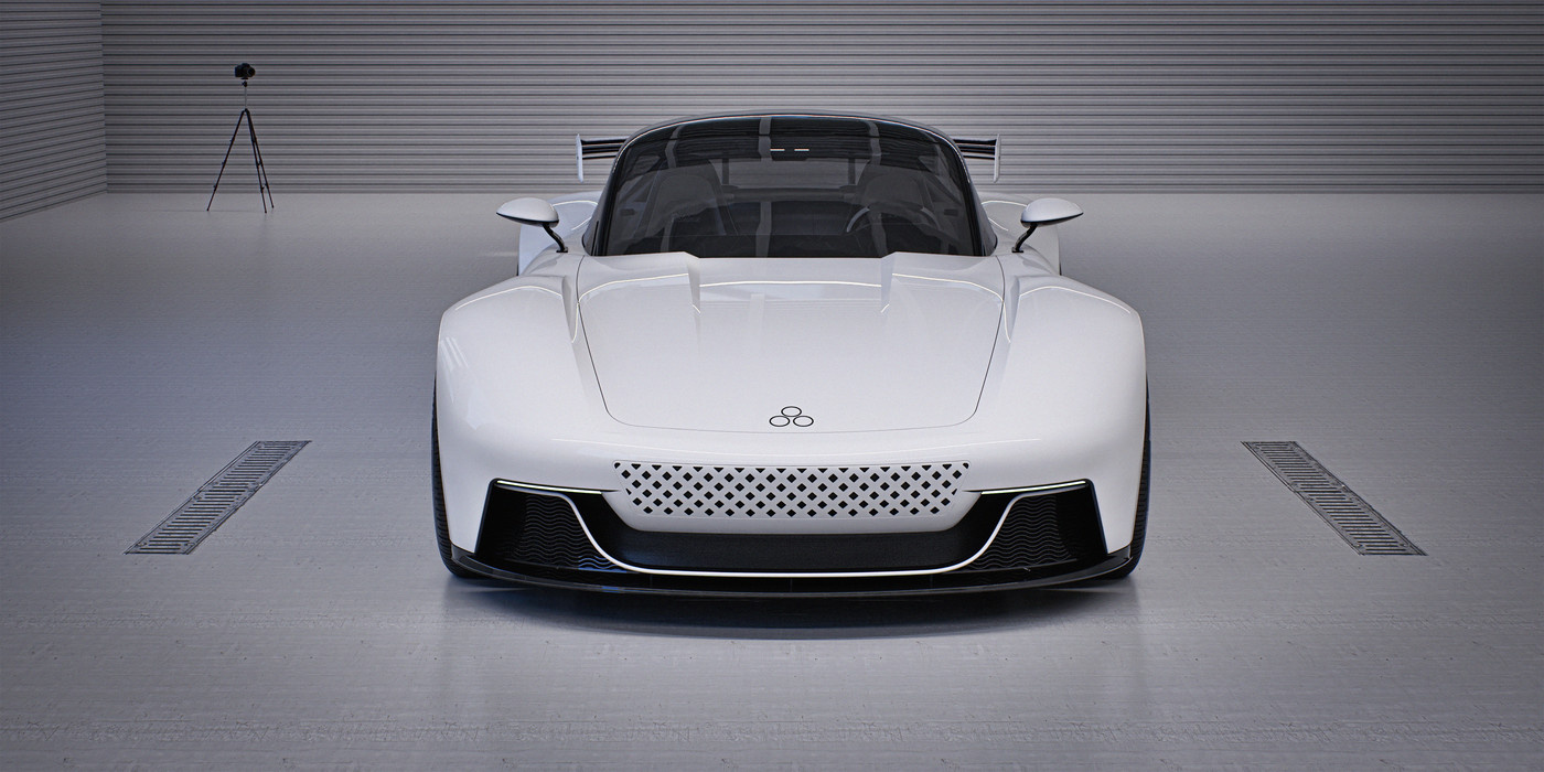 Rendered white concept car in photography studio.