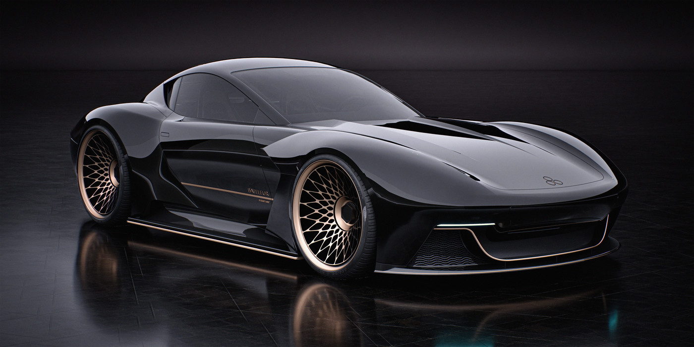 Rendered sleek black concept car featuring spiderweb design hubcaps.