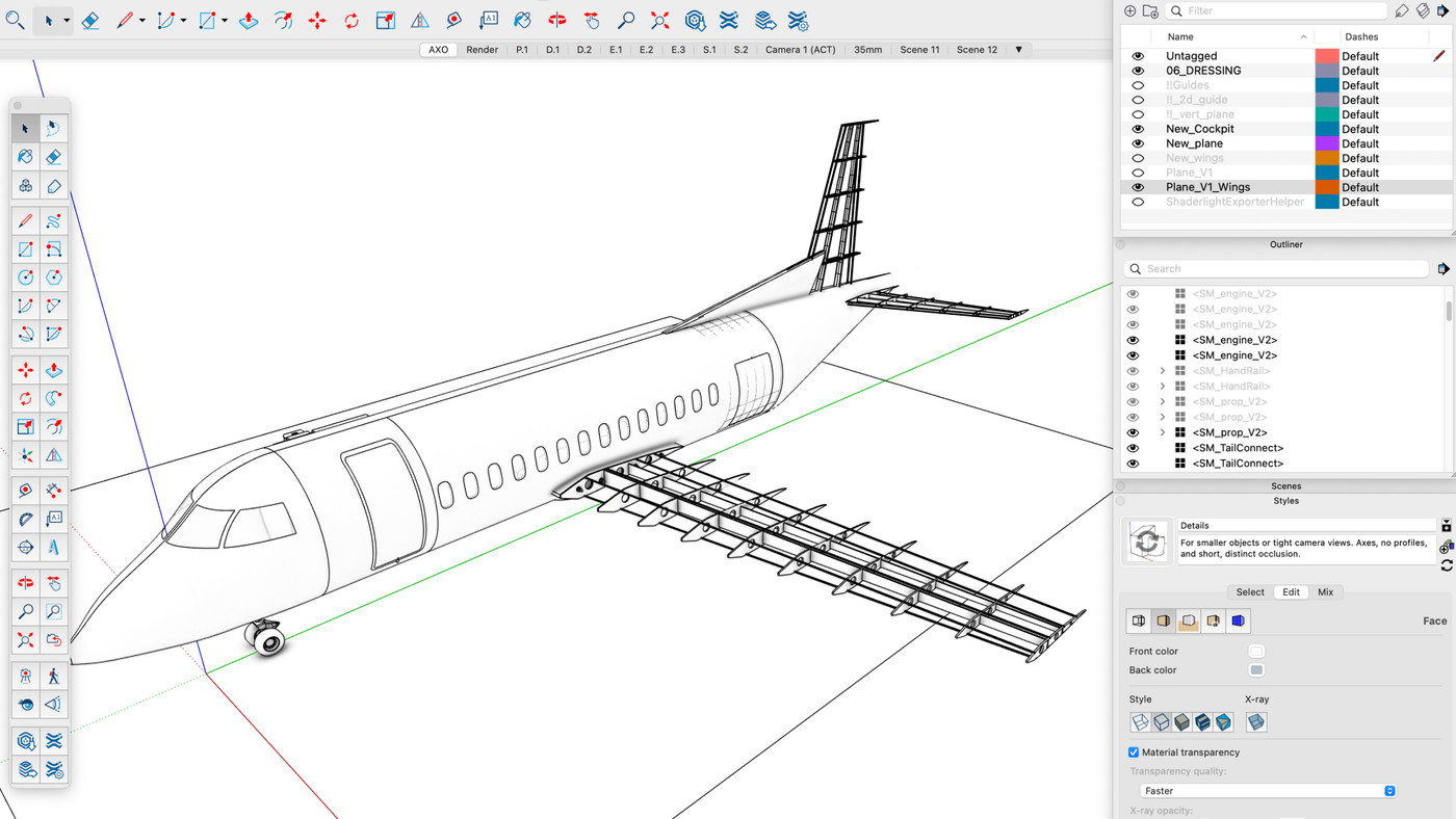 Wing detail drawing in SketchUp.