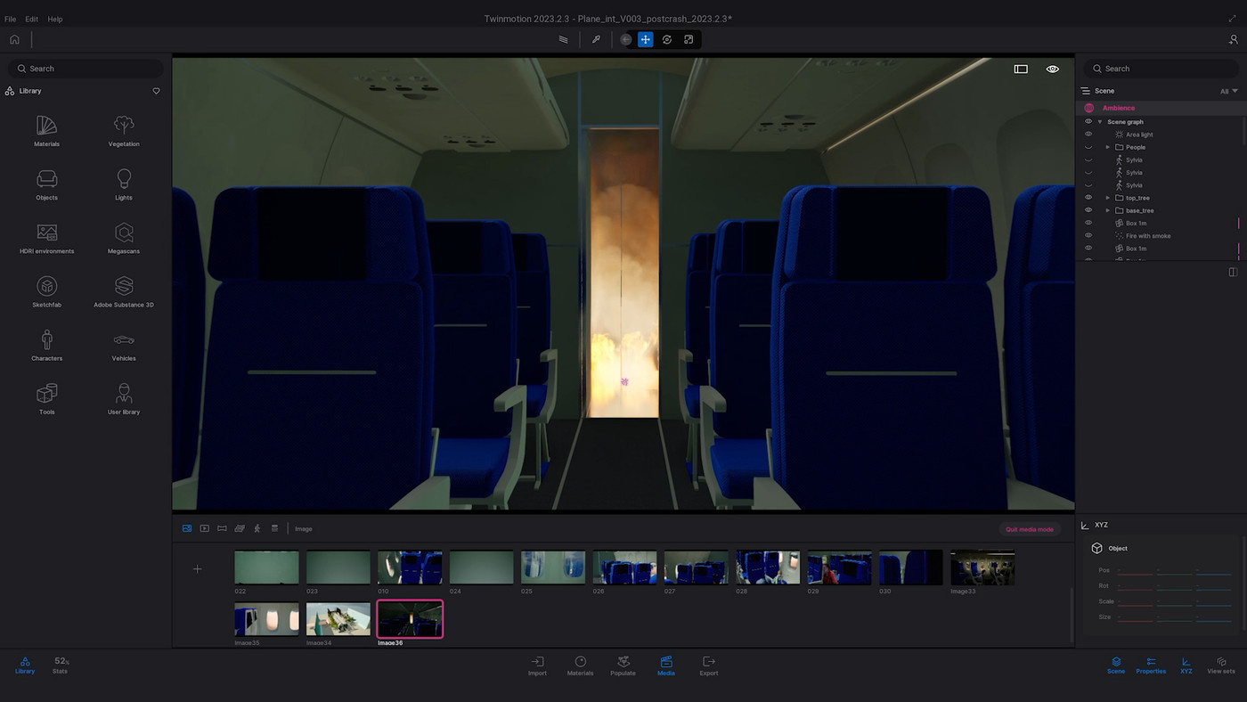 CG shot of aeroplane cabin on fire in Twinmotion.