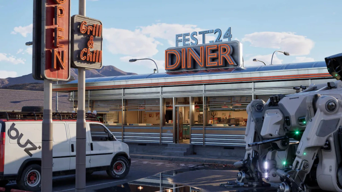 A diner scene in UE learning content.
