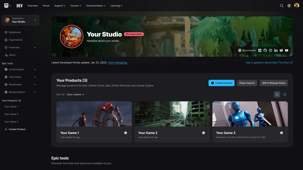 Product release page on Epic Games Developer Portal
