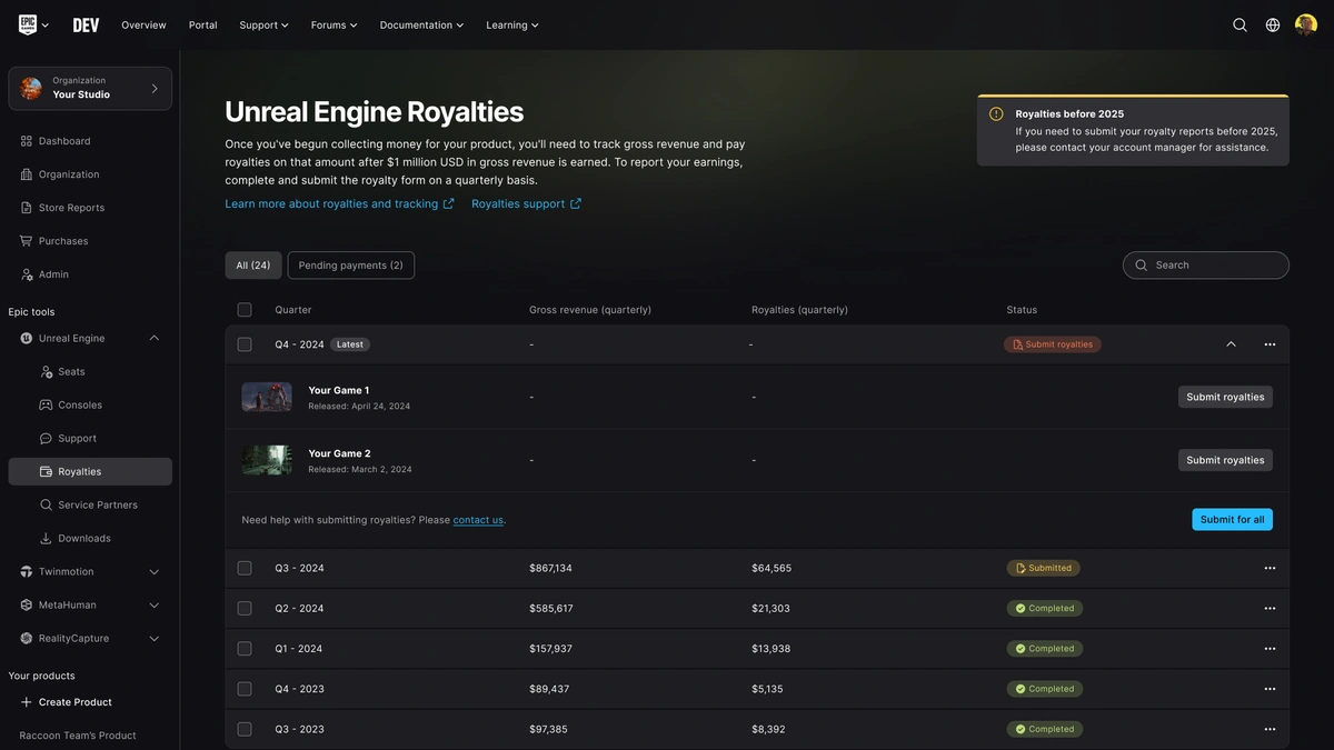 Royalty Reporting page in the Unreal Engine Developer Portal