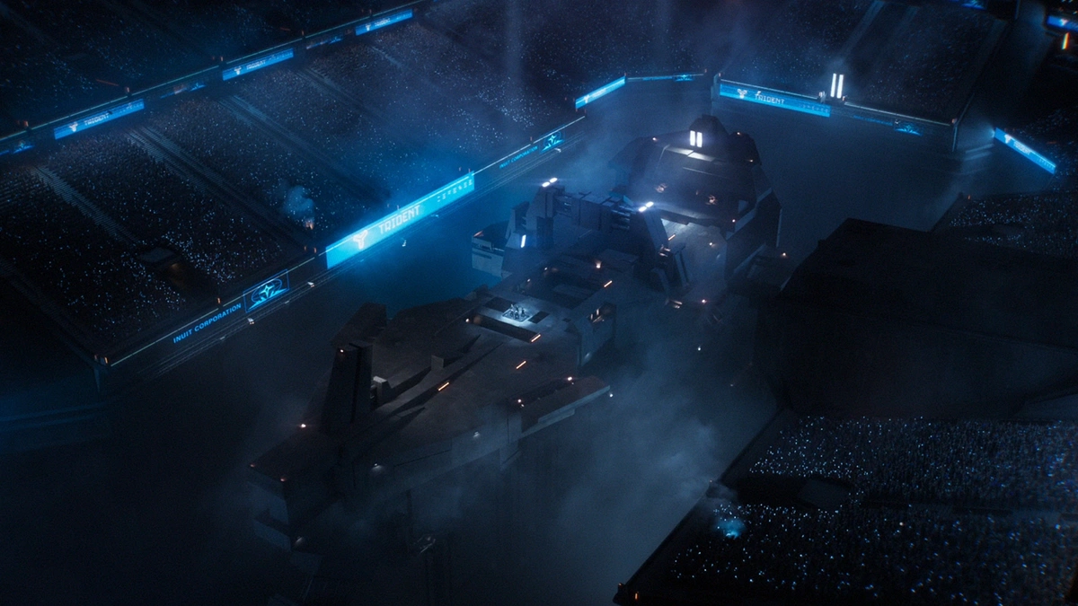 Overhead view of stadium in Unreal Tournament episode.
