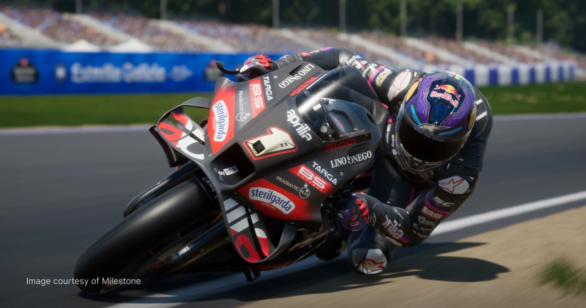 A motorbike taking a corner in ‘MotoGP 25’.
