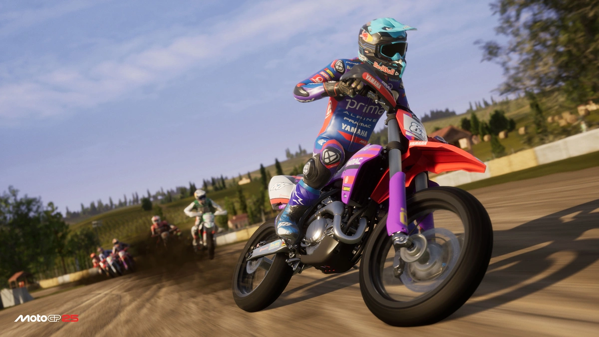 A motorcyclist leads the pack in ‘MotoGP 25’.