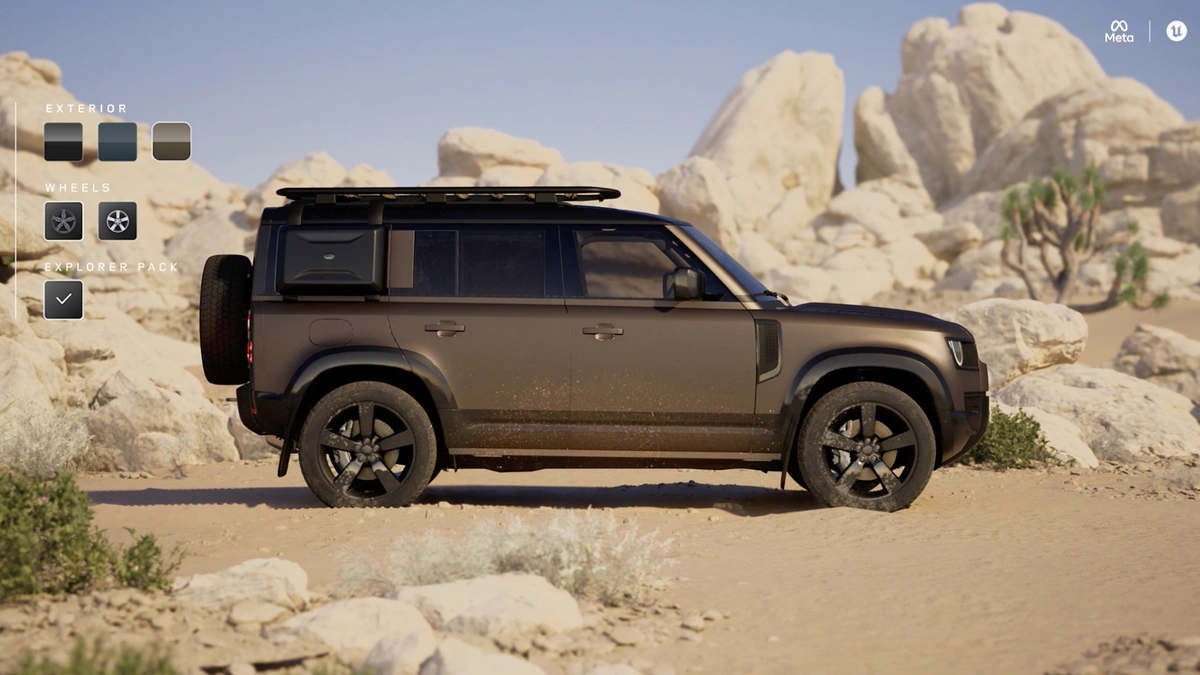 Land Rover Defender car in a virtual desert environment.