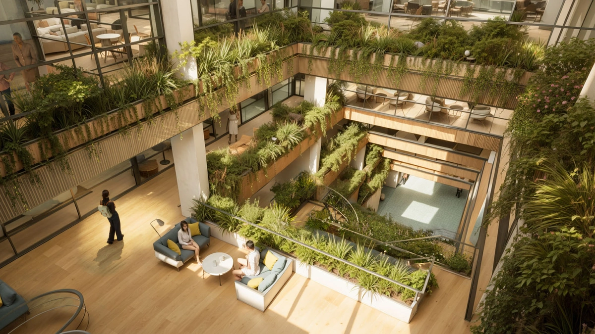 Plant-filled atrium in EDGE Liverpool Street digital twin.