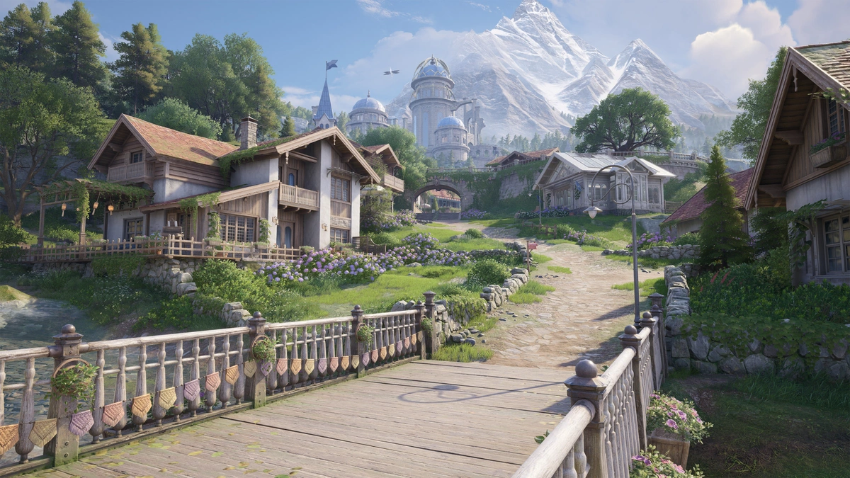 Screenshot of bridge with a house and flowers from Infinity Nikki