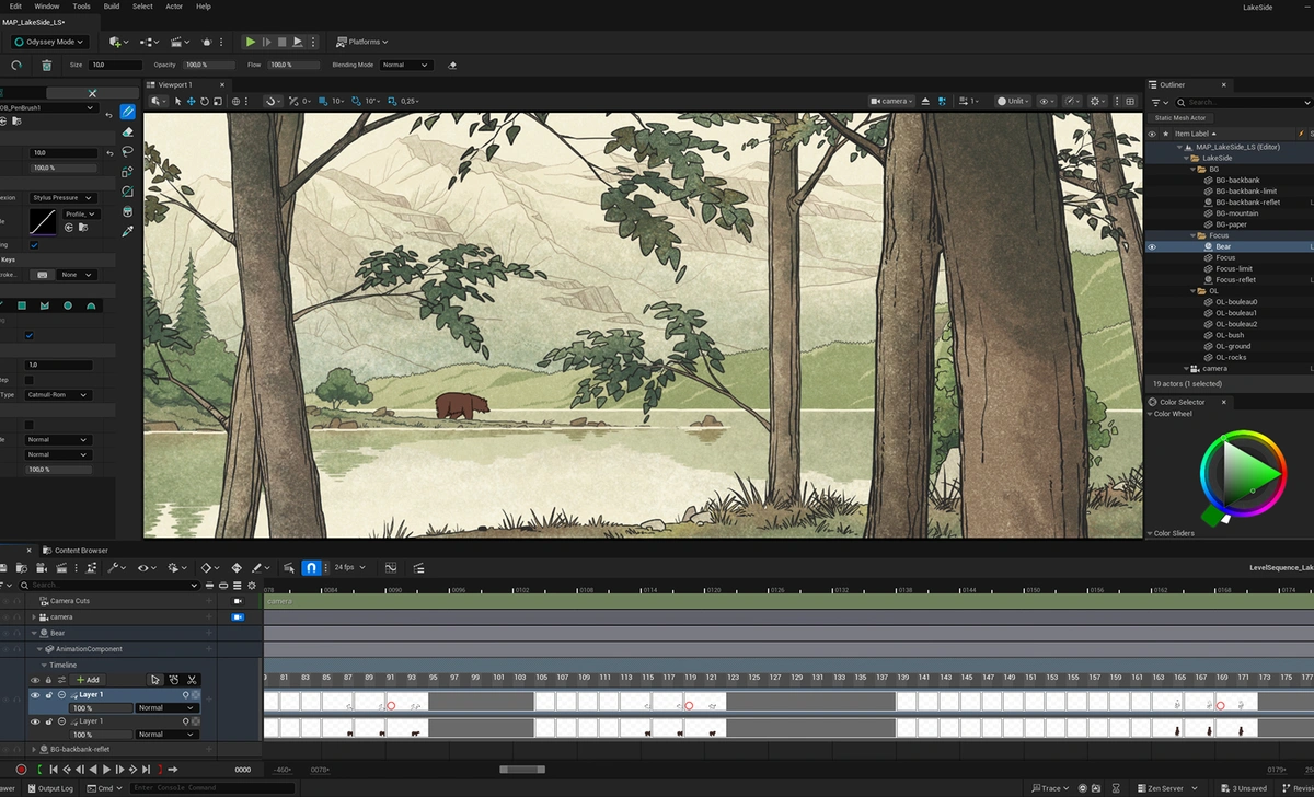 2D river scene in Praxinos Odyssey user interface.