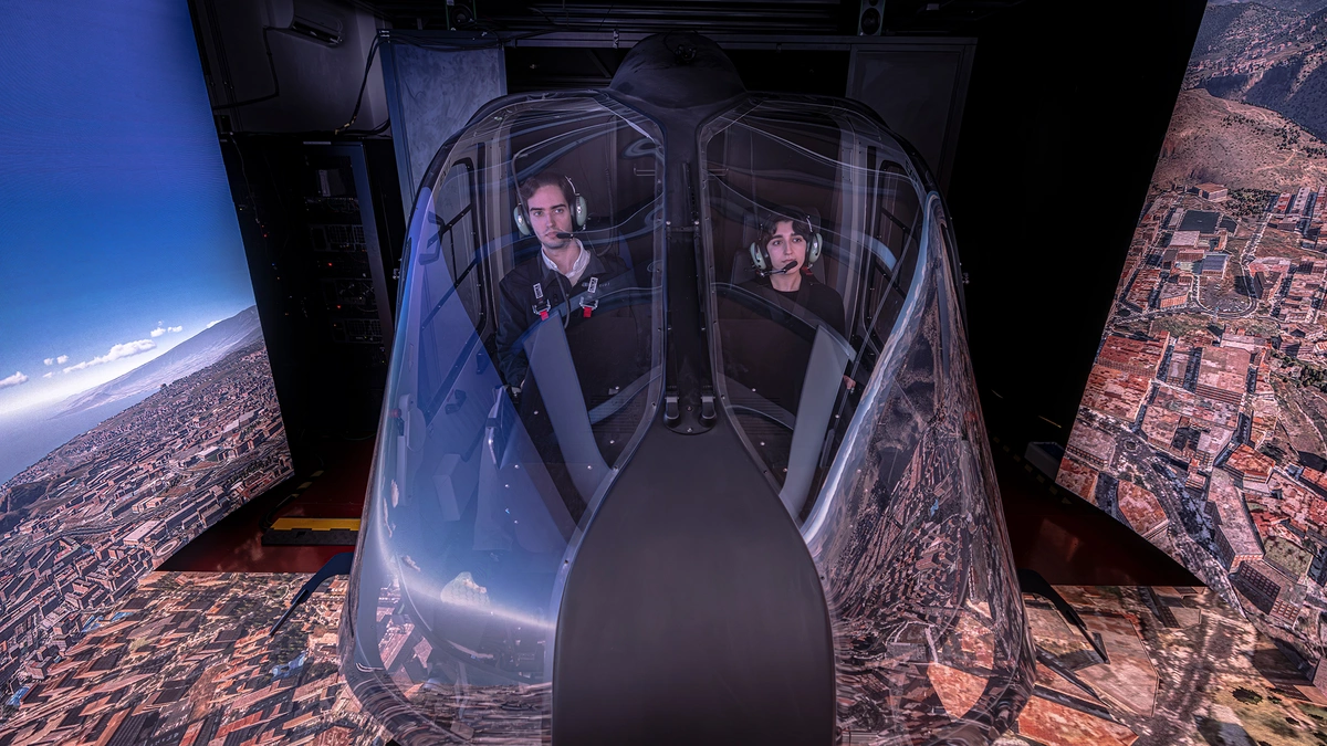 Outside view of pilots, cockpit, and 3D environment in Entrol ENVISION.
