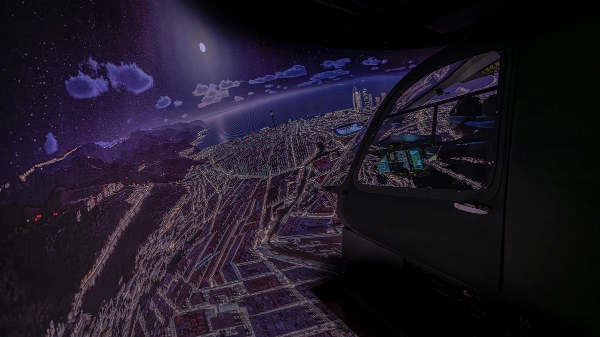 Wide view of 3D night ground, sky, and cockpit in Entrol ENVISION.