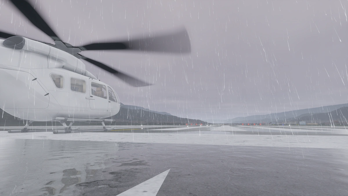 3D rainy airport ground view and helicopter in Entrol ENVISION.