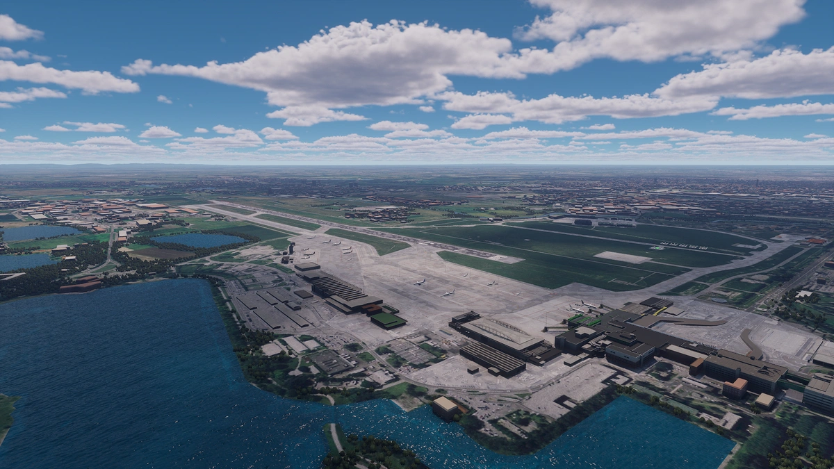 Aerial view of 3D airport and lake environment in Entrol ENVISION.