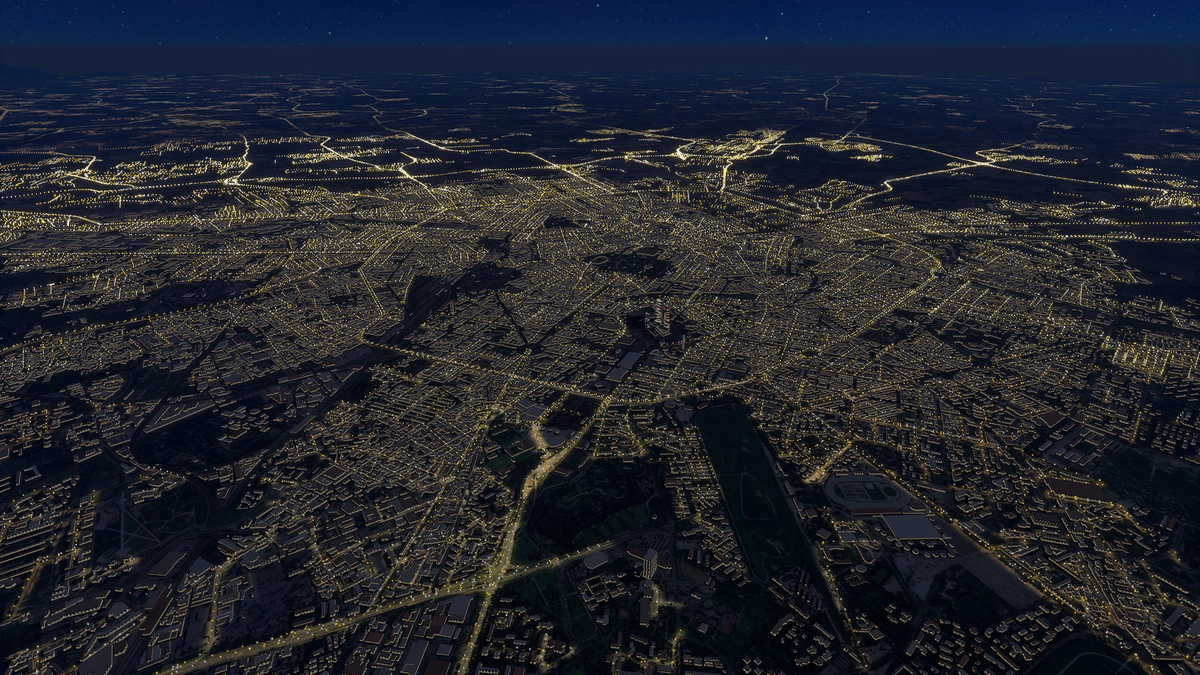 Aerial view of 3D night environment in Entrol ENVISION.