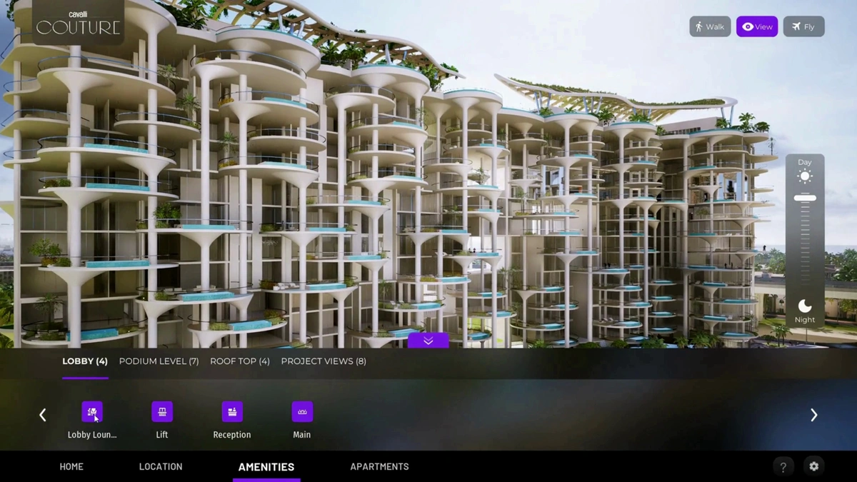 DAMAC and PropVR side view of amenities in multilevel building.