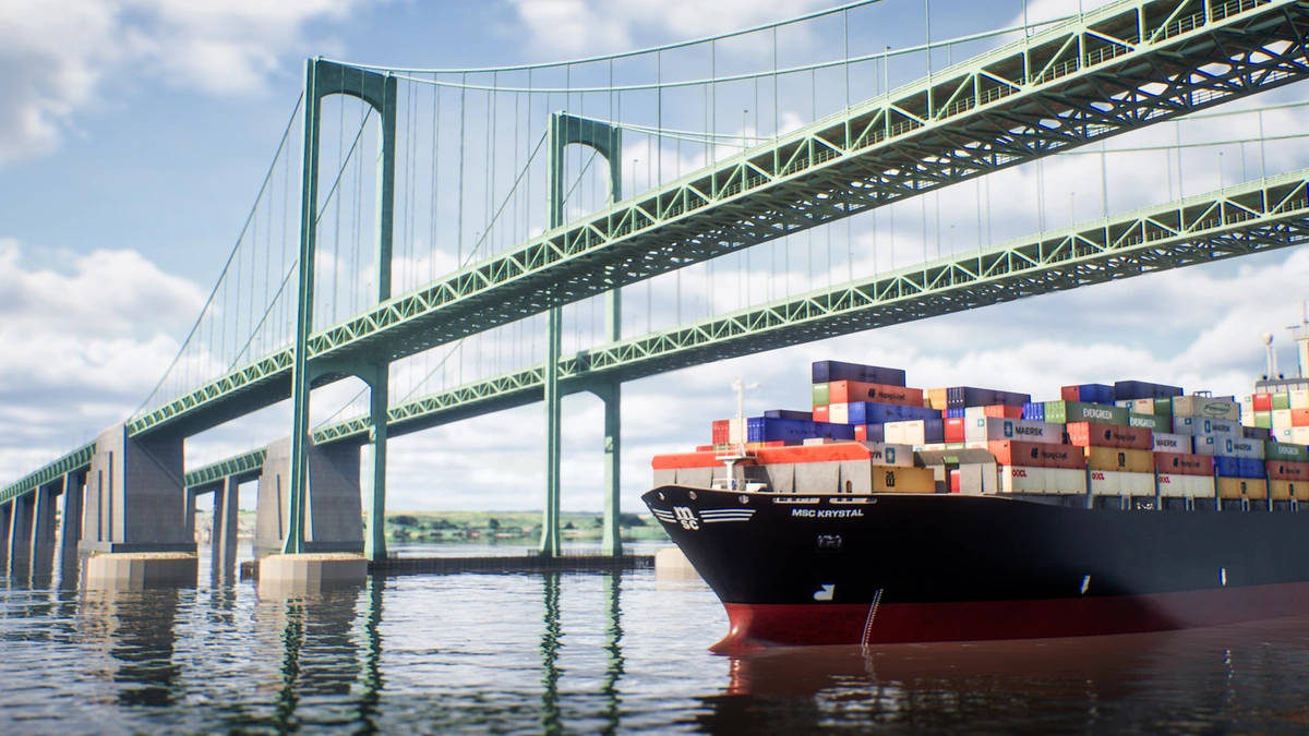 3D bridge, river, and ship visualized by Pennoni in Unreal Engine.
