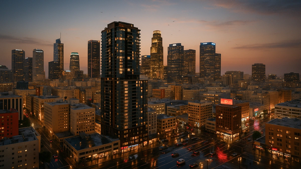 Nighttime cityscape in Geopogo.