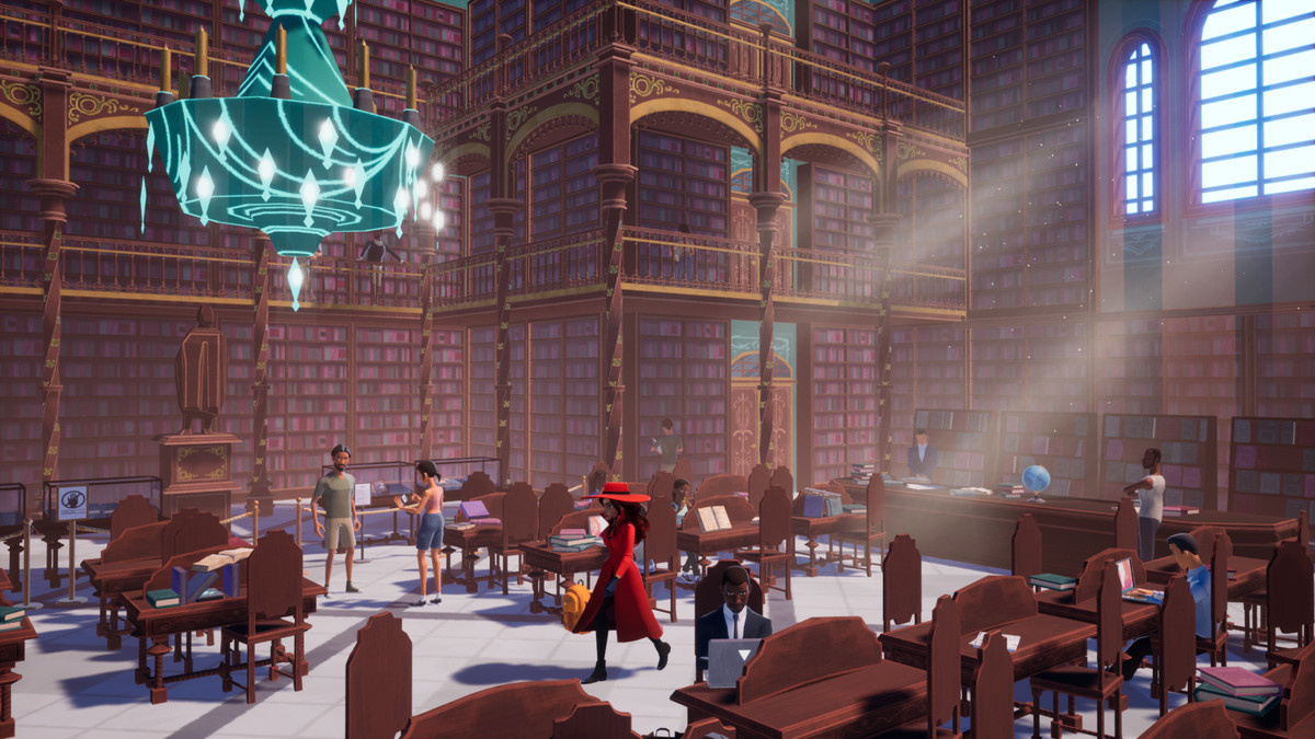 Carmen Sandiego investigates a library in the UE5-powered video game.