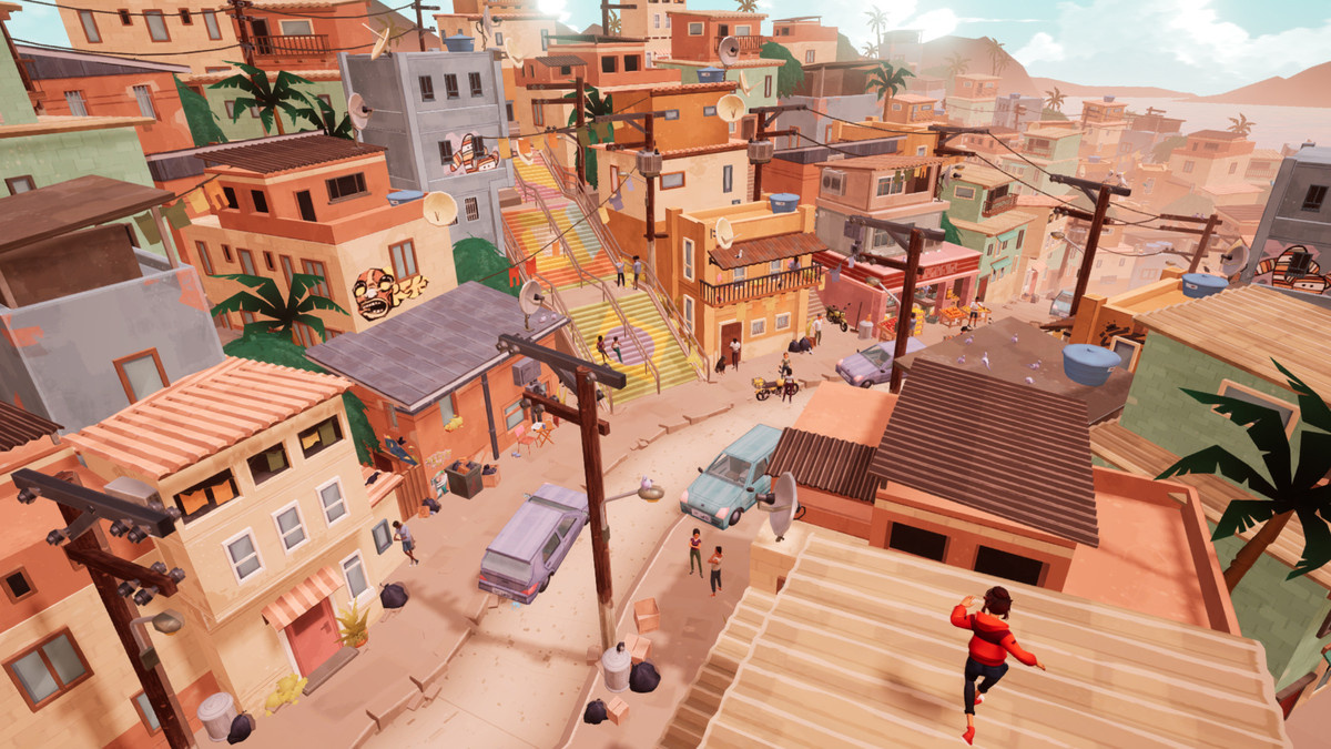 A street scene in the UE5-powered Carmen Sandiego video game.