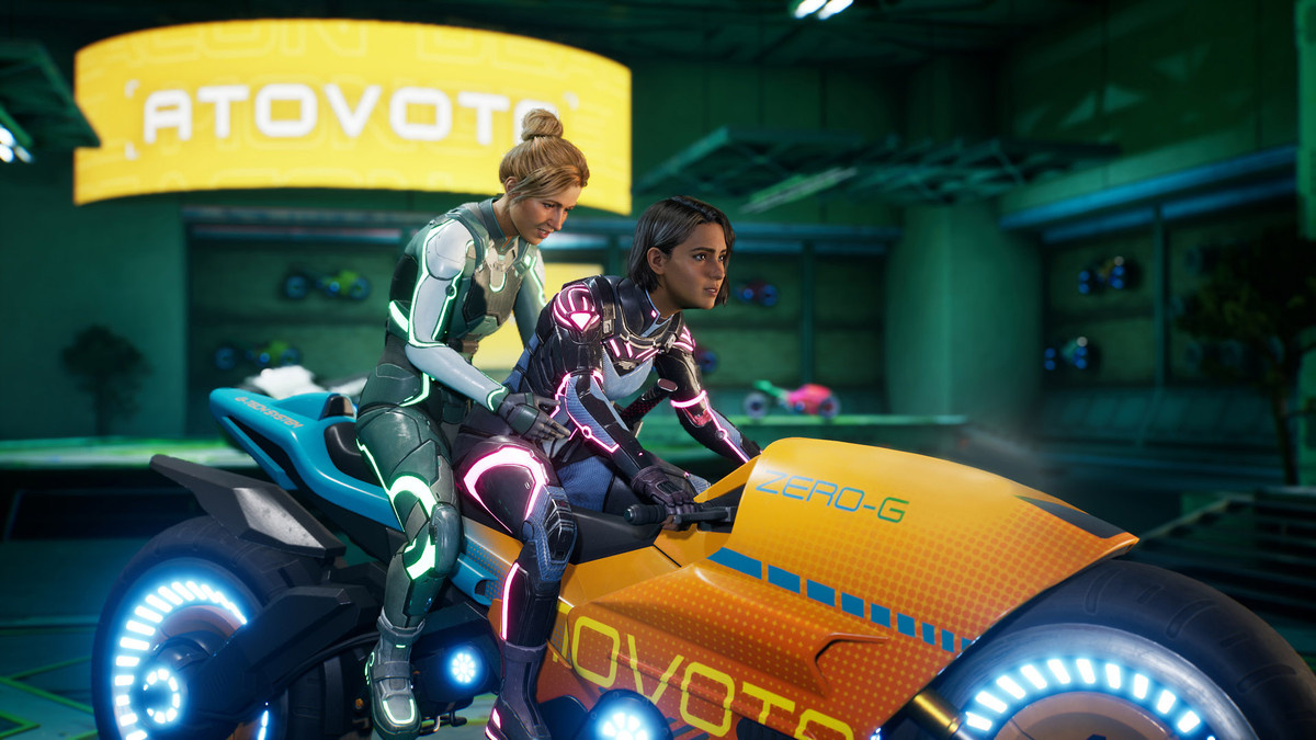 Mio and Zoe on a motorbike in ‘Split Fiction’.