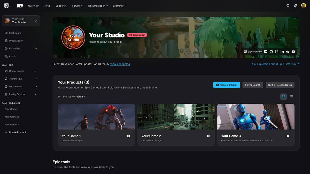 Product release page on Epic Games Developer Portal