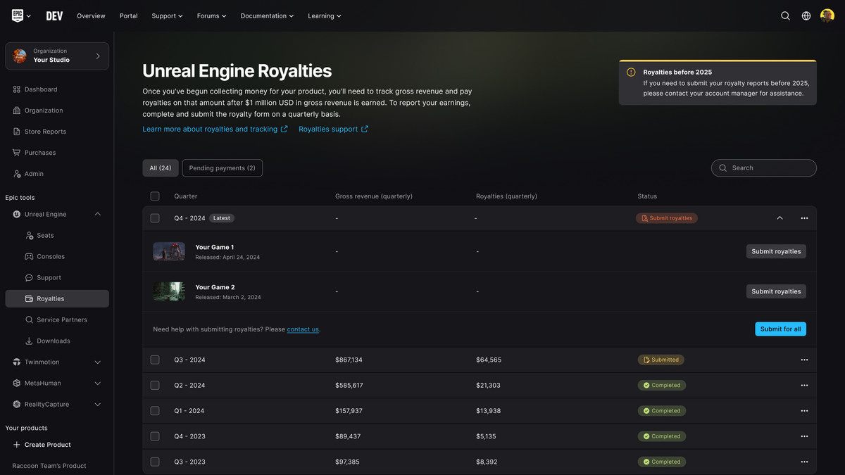 Royalty Reporting page in the Unreal Engine Developer Portal