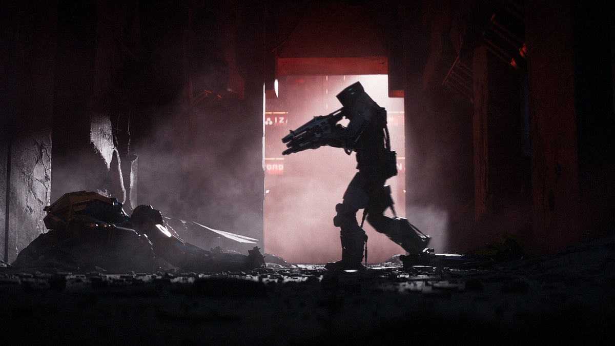 Warrior robot in silhouette in Secret Level.
