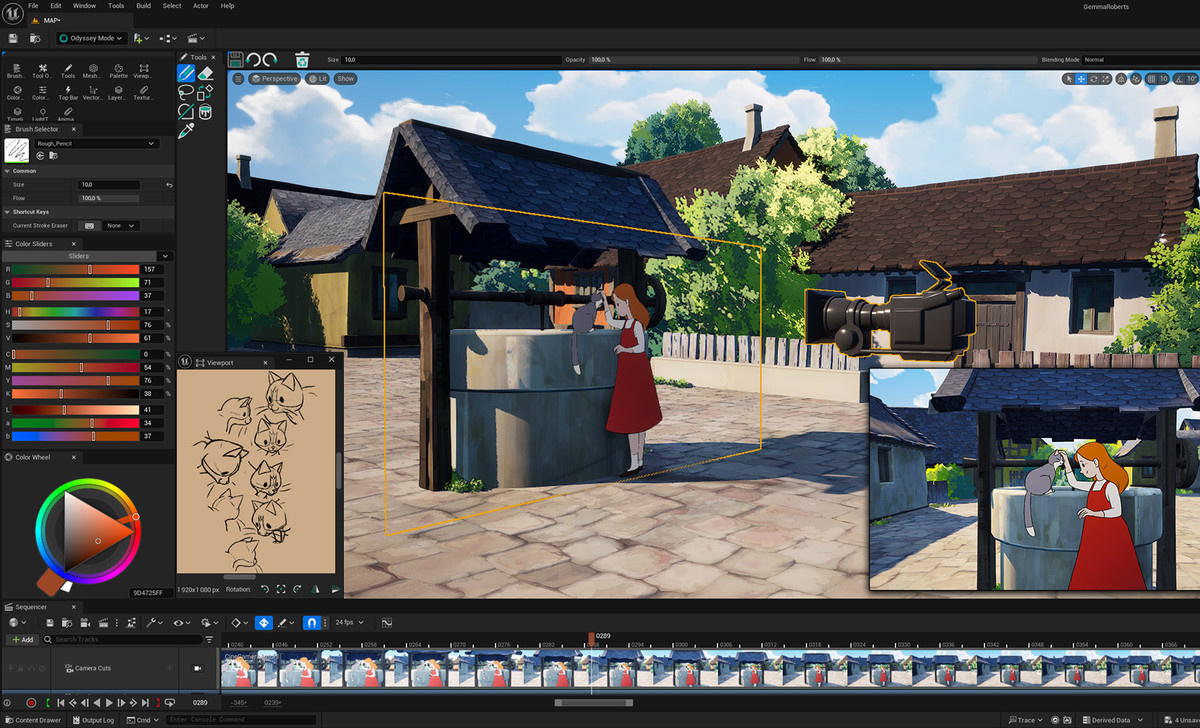 2D marketplace scene in Praxinos Odyssey user interface.