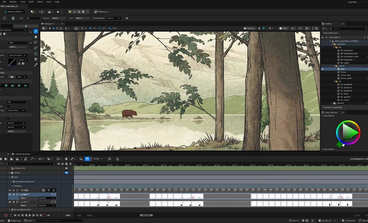 2D river scene in Praxinos Odyssey user interface.