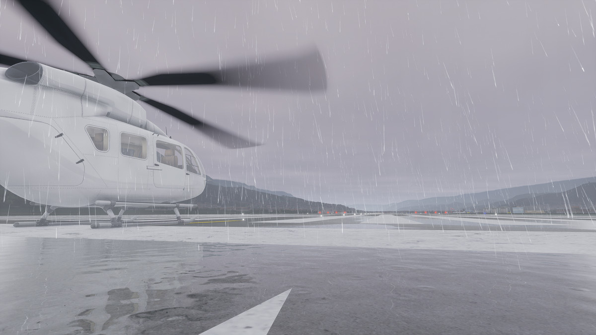 3D rainy airport ground view and helicopter in Entrol ENVISION.