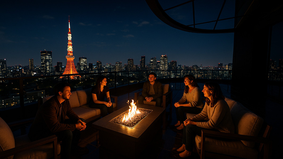 Rooftop party with firepit with nighttime cityscape backdrop in Geopogo.