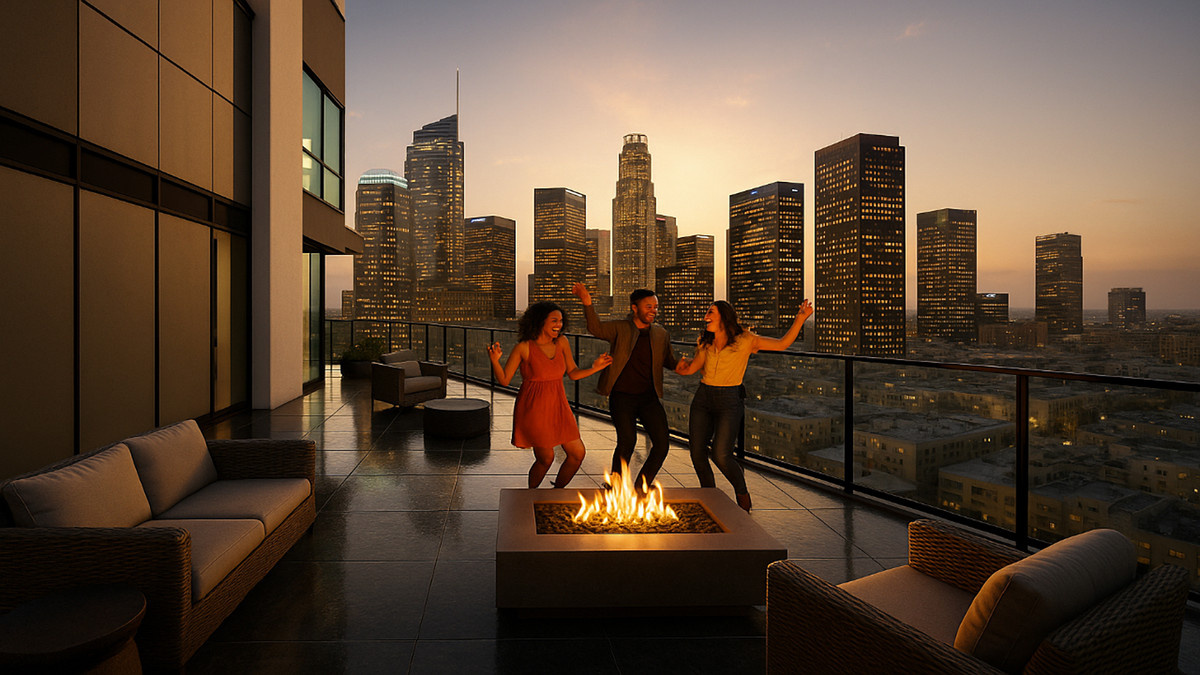 People dancing in front of a balcony firepit, nighttime cityscape in Geopogo.