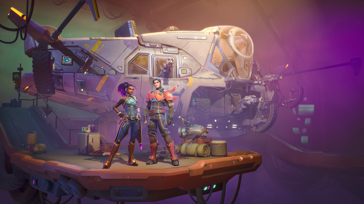 Two characters and their spaceship in ‘Wildgate’ by Moonshot Games.