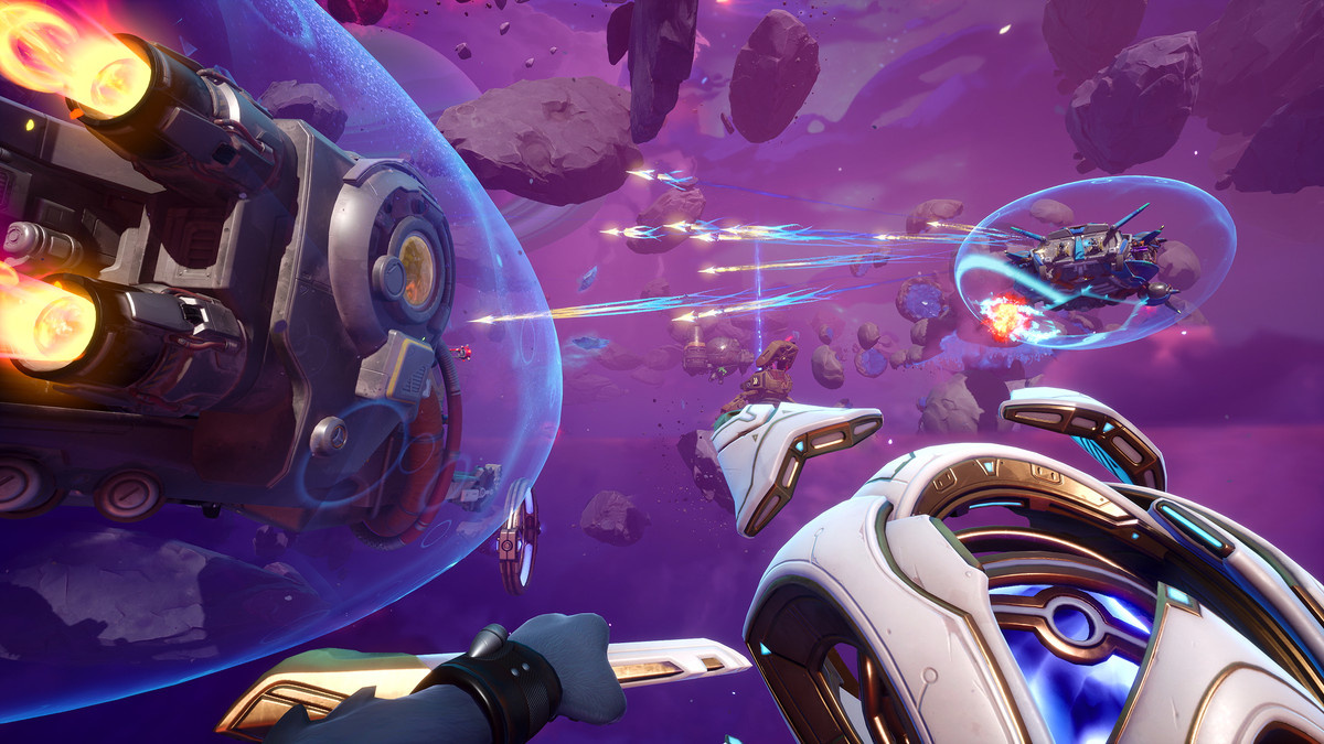 A spaceship unloads missiles in ‘Wildgate’ by Moonshot Games.