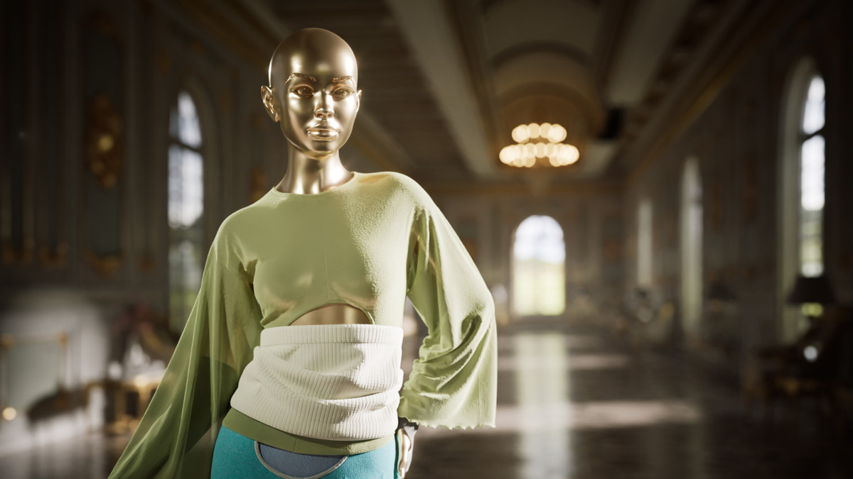 A gold mannequin adorned with clothing.