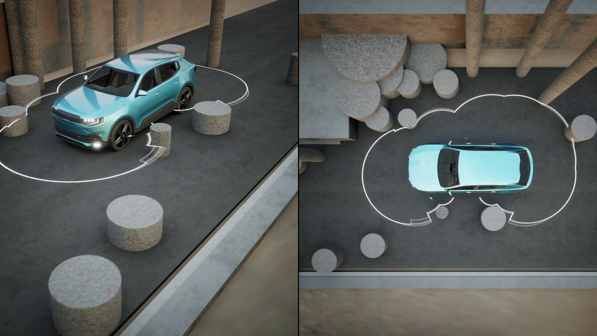 Rendering of angled and top views of a car driving around obstacles.