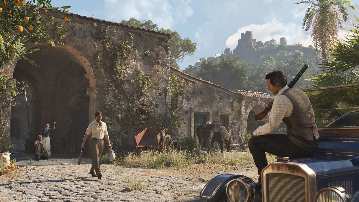 Armed characters in a courtyard in ‘Mafia: The Old Country’.