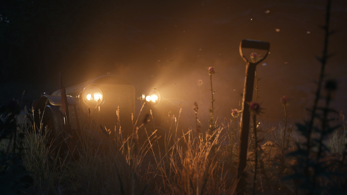 Headlights illuminate a burial site in ‘Mafia: The Old Country’.