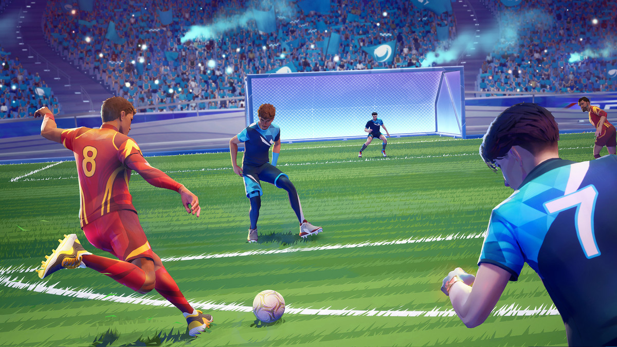 A footballer goes to strike the ball in football game ‘Rematch’.